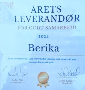 Diplom fra Gigaboks av utmerkelsen "årets leverandør" 2024 for Berika. 